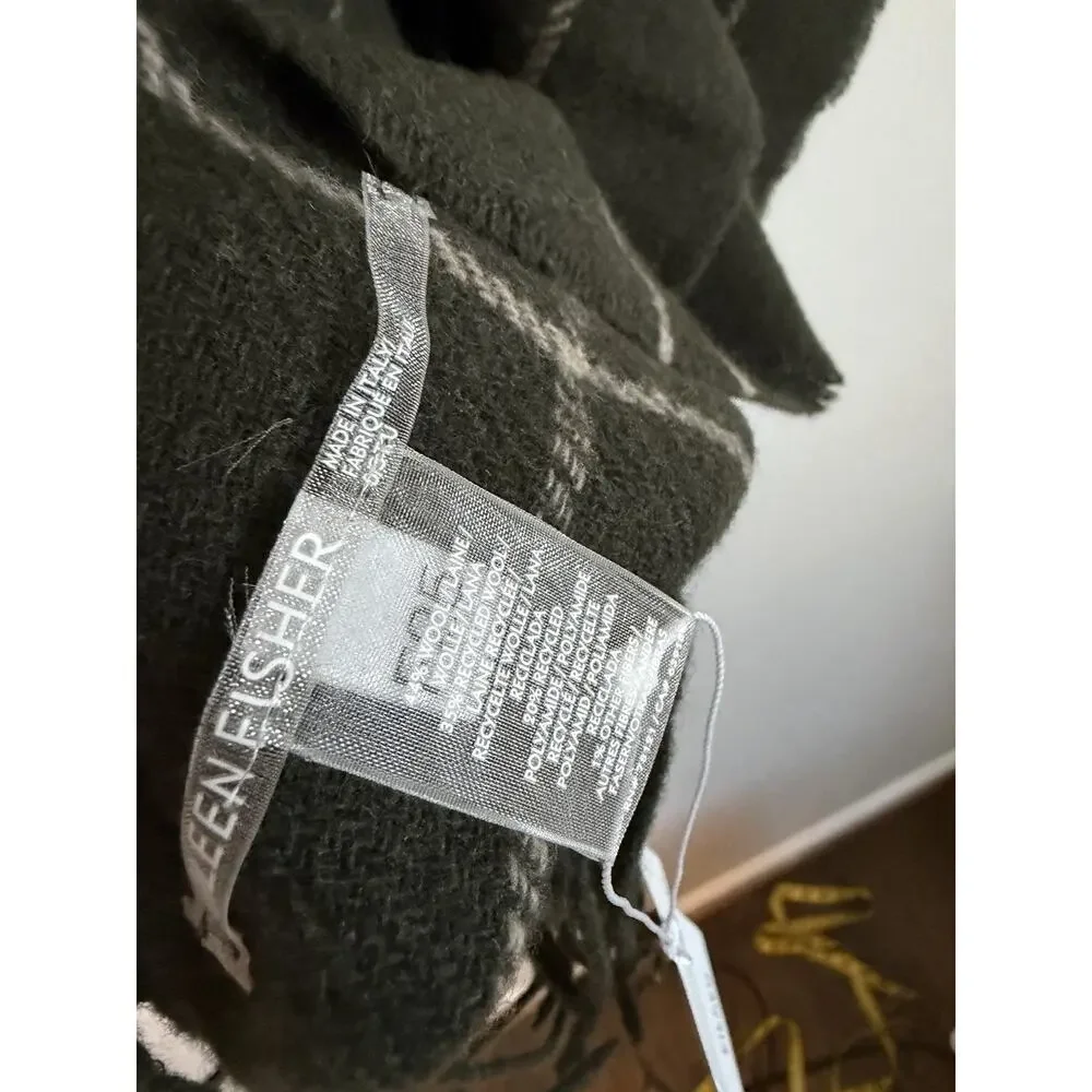 Eileen Fisher Wool Twill Green Plaid Wrap Fringe $188 NWT